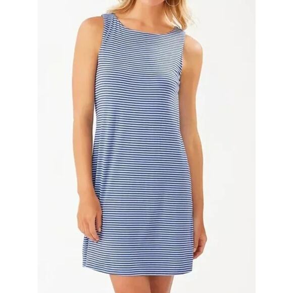 Tommy Bahama Cassia Open Back Blue Striped Jersey Knit Mini Dress Size Large - Picture 1 of 9